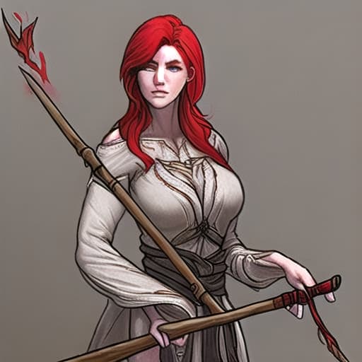  Extremely detailed human Druid woman with red hair with gray hairs and an wooden staff