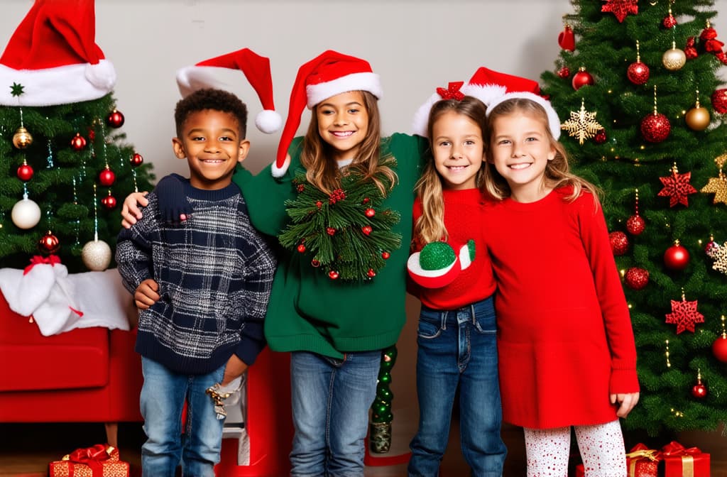  professional detailed photography, multicultural group of happy kids at christmas ar 3:2, (muted colors, dim colors, soothing tones), (vsco:0.3)