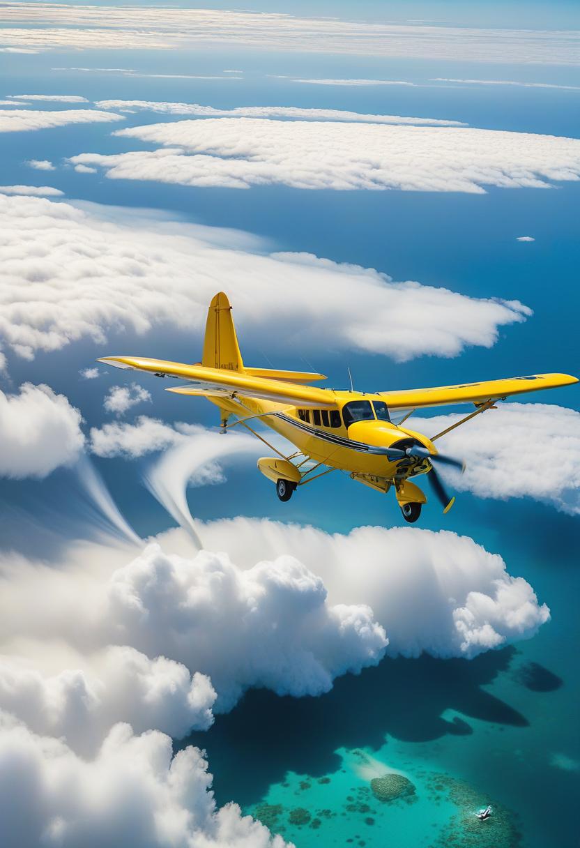  create an aerial view of a yellow seaplane flying over the great cameron reef, leaving a white contrail against the deep blue ocean. employ a drone photography style to capture the unique perspective. integrate surreal elements in the greatzoan style to add a touch of the extraordinary. emulate the storytelling and realism of national geographic photography. keep the composition minimalist, focusing on the plane, its contrail, and the vastness of the ocean. use dramatic lighting to enhance the mood and post process the image to bring out the colors, contrast, and details hyperrealistic, full body, detailed clothing, highly detailed, cinematic lighting, stunningly beautiful, intricate, sharp focus, f/1. 8, 85mm, (centered image composition), (professionally color graded), ((bright soft diffused light)), volumetric fog, trending on instagram, trending on tumblr, HDR 4K, 8K