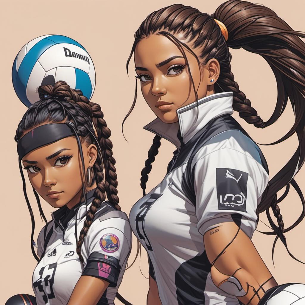  create two cartoon book characters playing volleyball. one is black with long braids. the other is white with long ponytail. brown hair. brown eyes , cyberpunk style