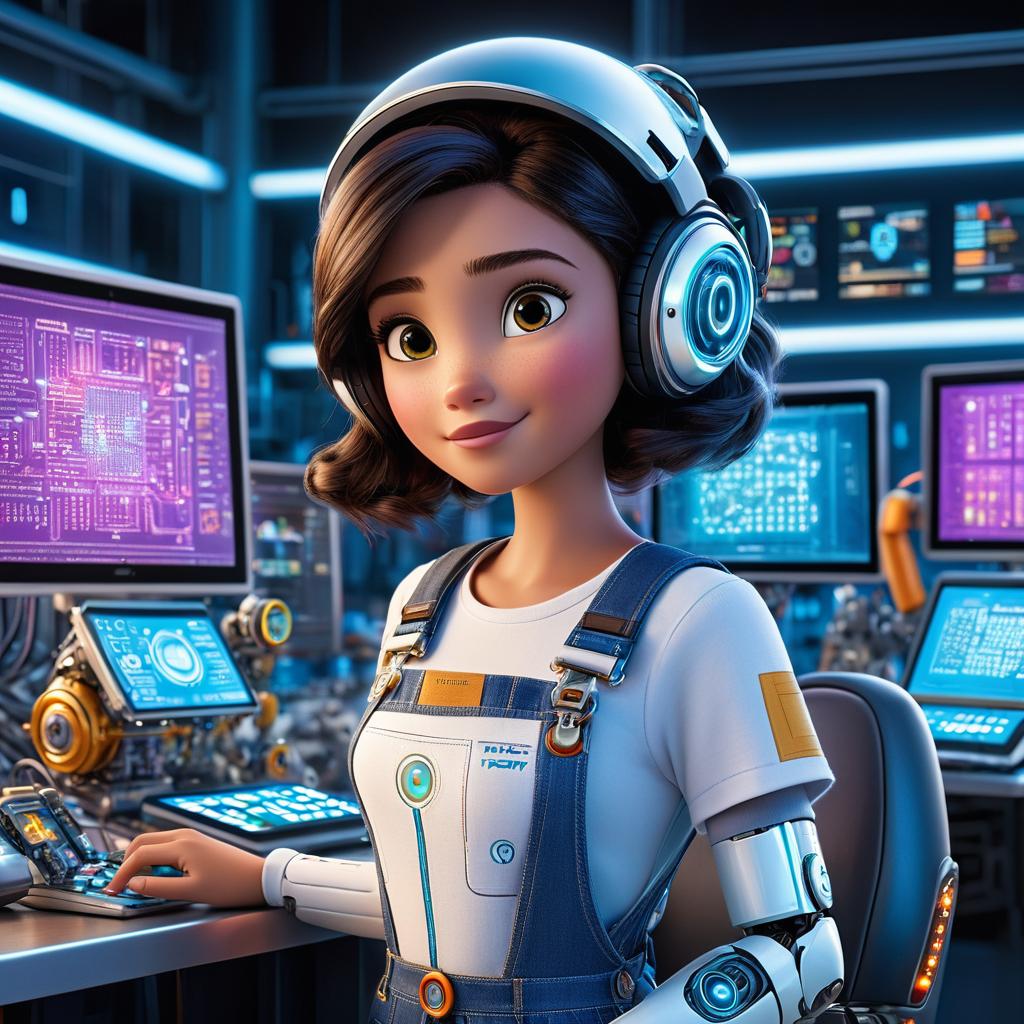  in 3d animated movie style. disney pixar style. alisha, a in colorful overalls with a t shirt featuring binary code patterns, is guided by robo bot, a wise 100 metallic robot with various tech gadgets, in a futuristic coding lab filled with screens displaying code. utilize high resolution pixar 3d animated film style to emphasize alisha's attire and robo bot's intricate metallic body and circuits. bright, soft lights emit from digital displays to enhance the tech savvy atmosphere with vint hues symbolizing the coding adventure's spirit. frame the dynamic low angle composition to highlight robo bot's prominence and alisha's wonder as they embark on her coding quest, capturing the beginning of an exciting j