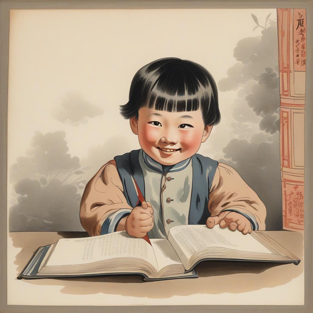  Masterpiece, best quality, a Chinese child holding an open book above his head with both hands, leaning sideways, smiling