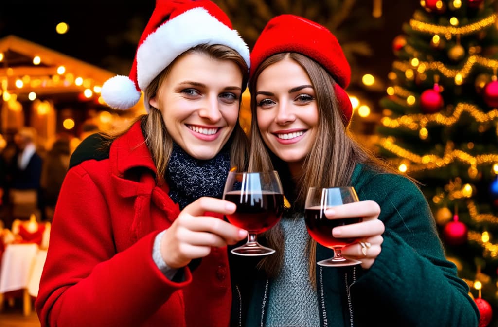  young and cheerful couple enjoying festive mulled wine at christmas market. close up. ar 3:2 {prompt}, maximum details