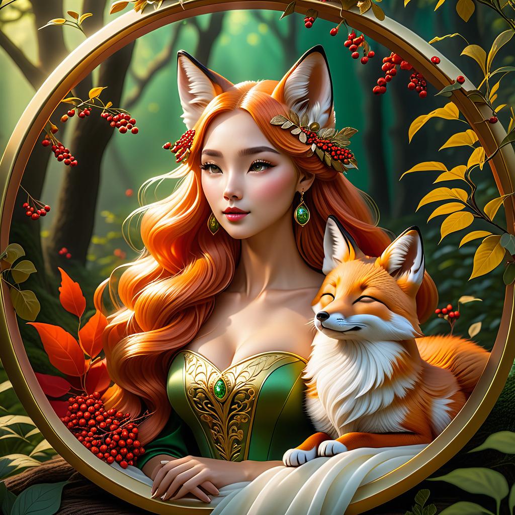  dreamscape (frame):gold round frame decorated with fancy oak leaves and rowan berries. (picture). animalism in fantasy style: little fox sleeping in the arms of big mum fox. appearance of a fox:sweetly sleeping curled up in a ball. (colours):orange, red, white, beige, gold, all shades of green, brown, brown gold. (style):animalism, fantasy, fairy tale, tenderness, kindness, calmness, cartoon . surreal, ethereal, dreamy, mysterious, fantasy, highly detailed, civitai, hkmagic hyperrealistic, full body, detailed clothing, highly detailed, cinematic lighting, stunningly beautiful, intricate, sharp focus, f/1. 8, 85mm, (centered image composition), (professionally color graded), ((bright soft diffused light)), volumetric fog, trending on instagram, trending on tumblr, HDR 4K, 8K