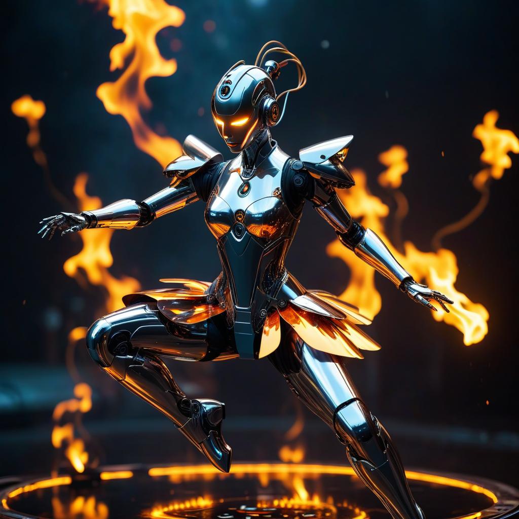  cybernetic robot a ballerina robot dances in a flame of liquid glass. . android, ai, machine, metal, wires, tech, futuristic, highly detailed, civitai, hkmagic