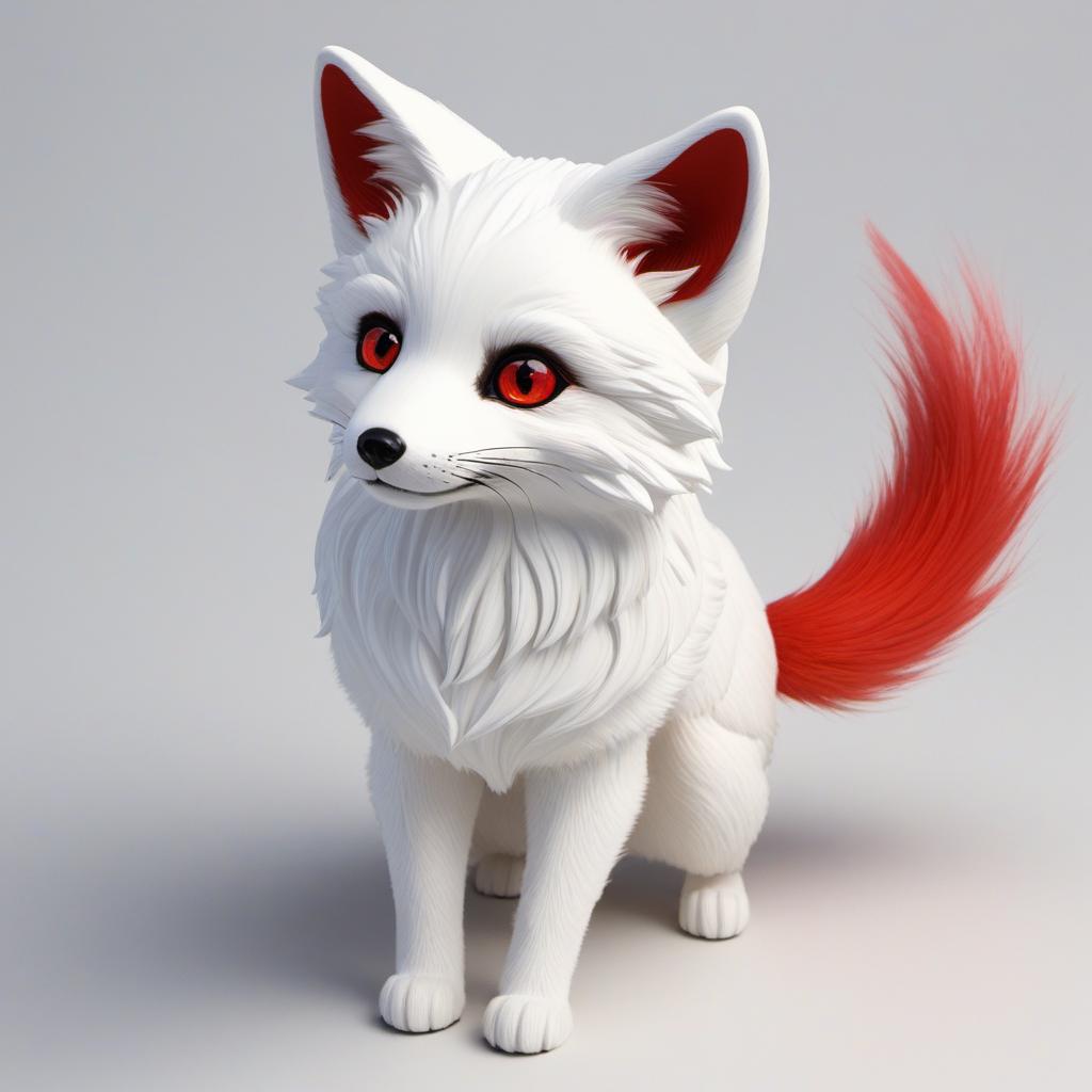  a white fox with several tails with red fluff on the tips. it had 6 red glowing eyes and a slim snout. it looks calm, profile image style