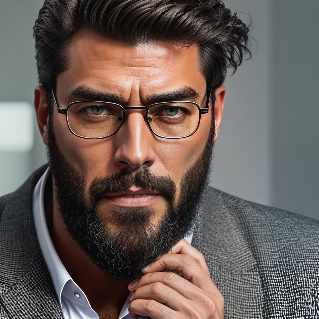  A man wearing glasses with a mix of emotions reflecting in his eyes Apply the Following Styles: 3Drenderer hyperrealistic, full body, detailed clothing, highly detailed, cinematic lighting, stunningly beautiful, intricate, sharp focus, f/1. 8, 85mm, (centered image composition), (professionally color graded), ((bright soft diffused light)), volumetric fog, trending on instagram, trending on tumblr, HDR 4K, 8K