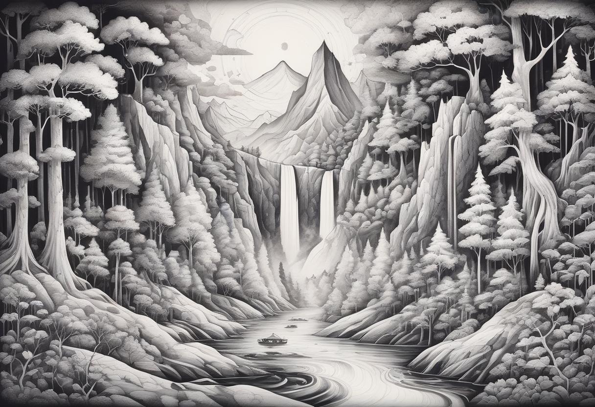  the ink drawing reflects a fantastic microcosm filled with mountains, dense forest and a shimmering waterfall. the outlines of this mesmerizing landscape should be harmoniously combined with the retinal pattern, creating a multi layered effect that conveys depth and perspective. use black and white, silver and gold ink to create a high contrast surreal style that creates an atmosphere of mystery and charm. the drawing must be executed with precision and at the same time contain fancy drawing elements that bring a creative twist to it. strive to create a composition that will resemble a recognized masterpiece, immersing the audience in fabulous dreams