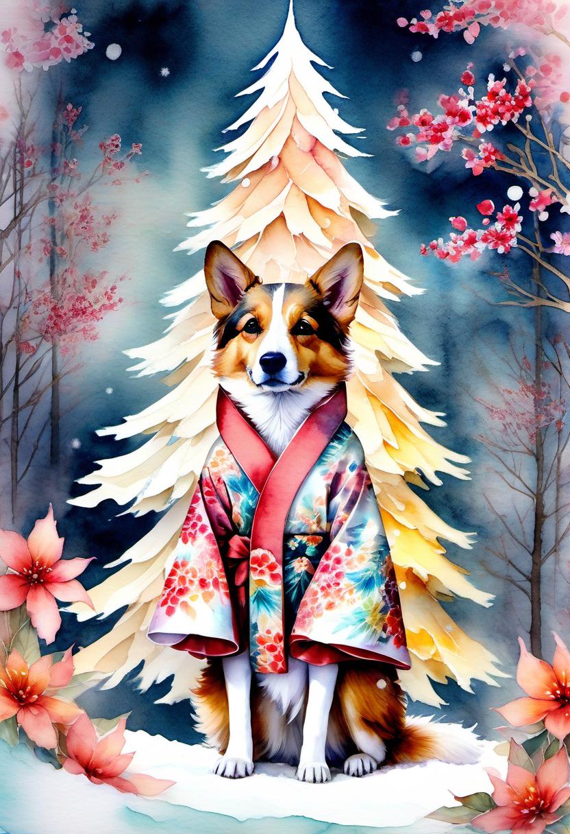  fairy tale christmas trees with cones, a dog in a kimono, (double exposure: 1.4). (soft textured paper). alcohol ink of (bright) flowers. the incompleteness effect. tenderness of watercolors, winter, delicate colors. thin white lines. emotion. light relief pattern. . magical, fantastical, enchanting, storybook style, highly detailed