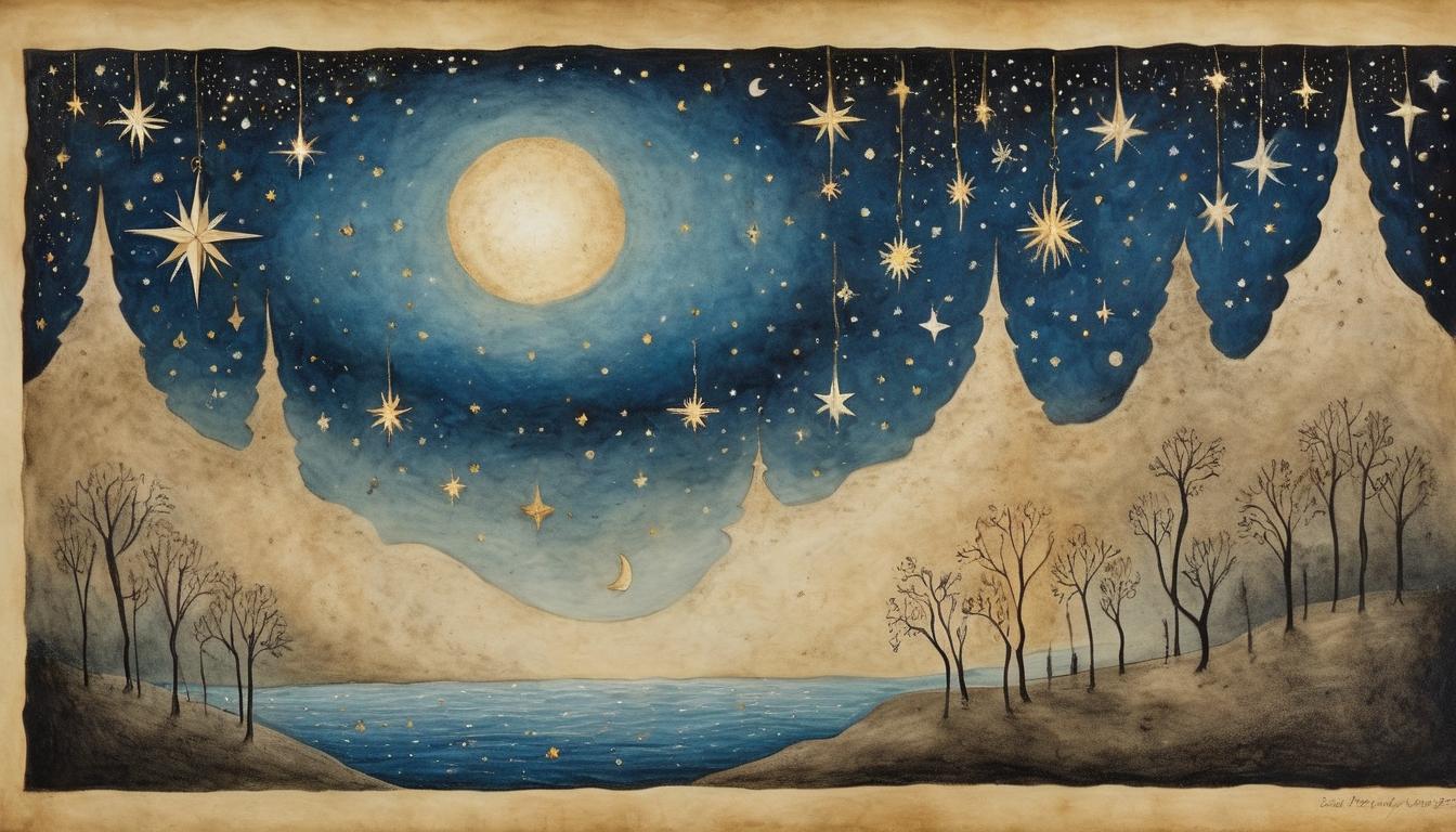  on parchment, surrealism++, night sky with twinkling stars, time suspended, serene and hopeful(mysterious, provocative, symbolic)++