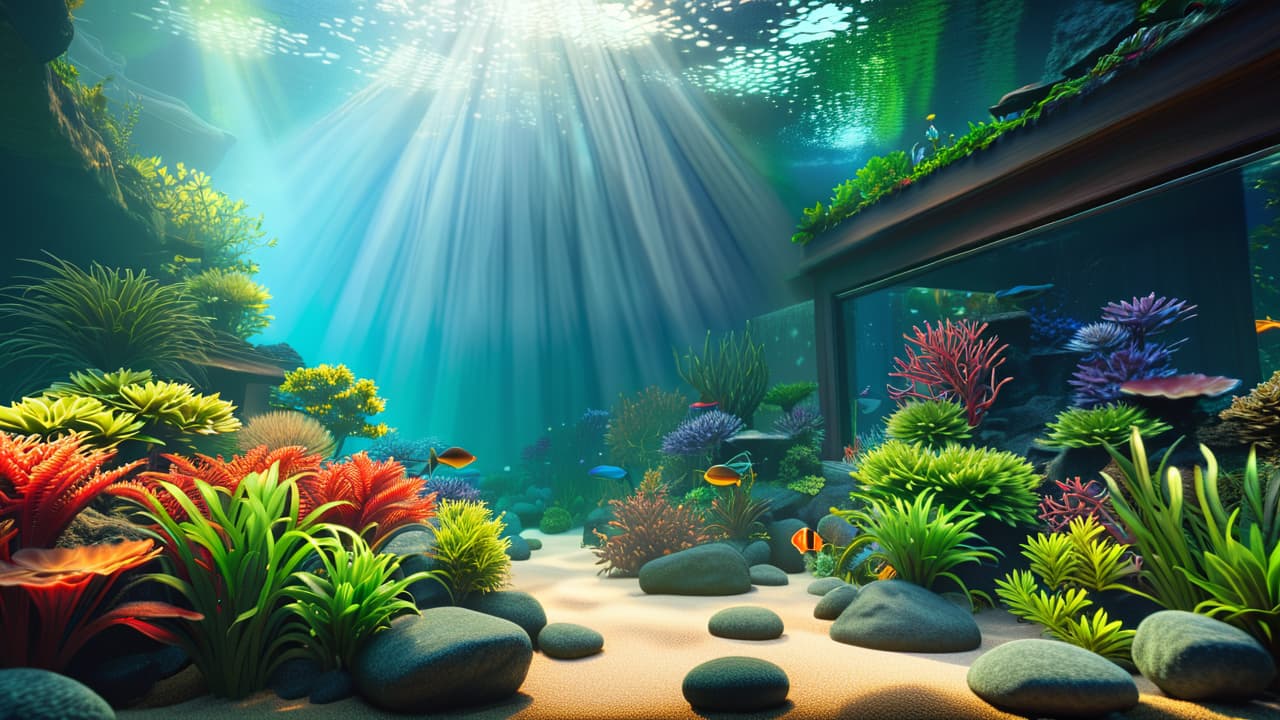  a vibrant aquarium filled with colorful fish, lush aquatic plants, and decorative stones, set against a softly lit background, showcasing the beauty of fishkeeping and the serenity of underwater life. hyperrealistic, full body, detailed clothing, highly detailed, cinematic lighting, stunningly beautiful, intricate, sharp focus, f/1. 8, 85mm, (centered image composition), (professionally color graded), ((bright soft diffused light)), volumetric fog, trending on instagram, trending on tumblr, HDR 4K, 8K