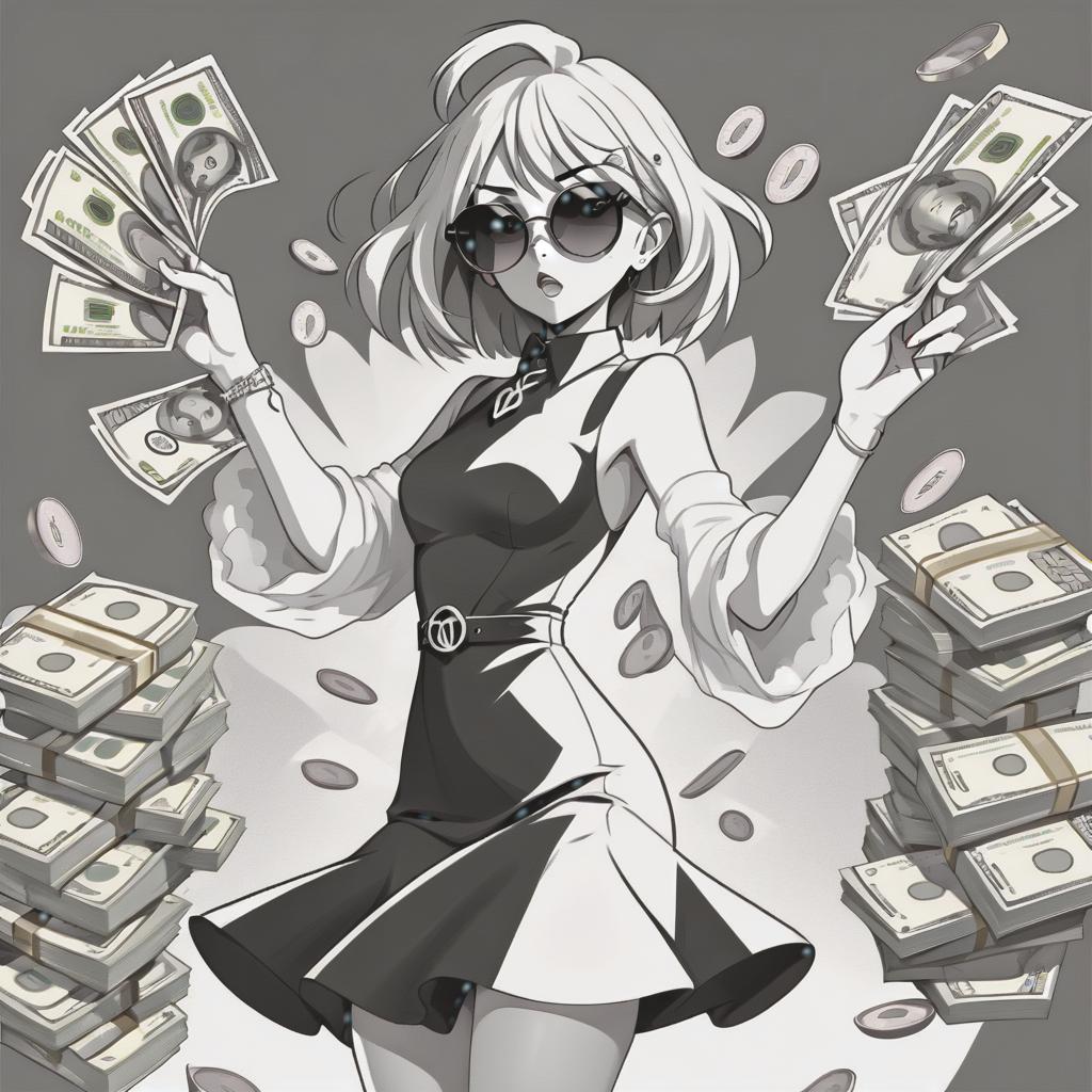  line art drawing rich girl in sunglasses, money in hands, short dress, same nightmare. anime style . professional, sleek, modern, minimalist, graphic, line art, vector graphics