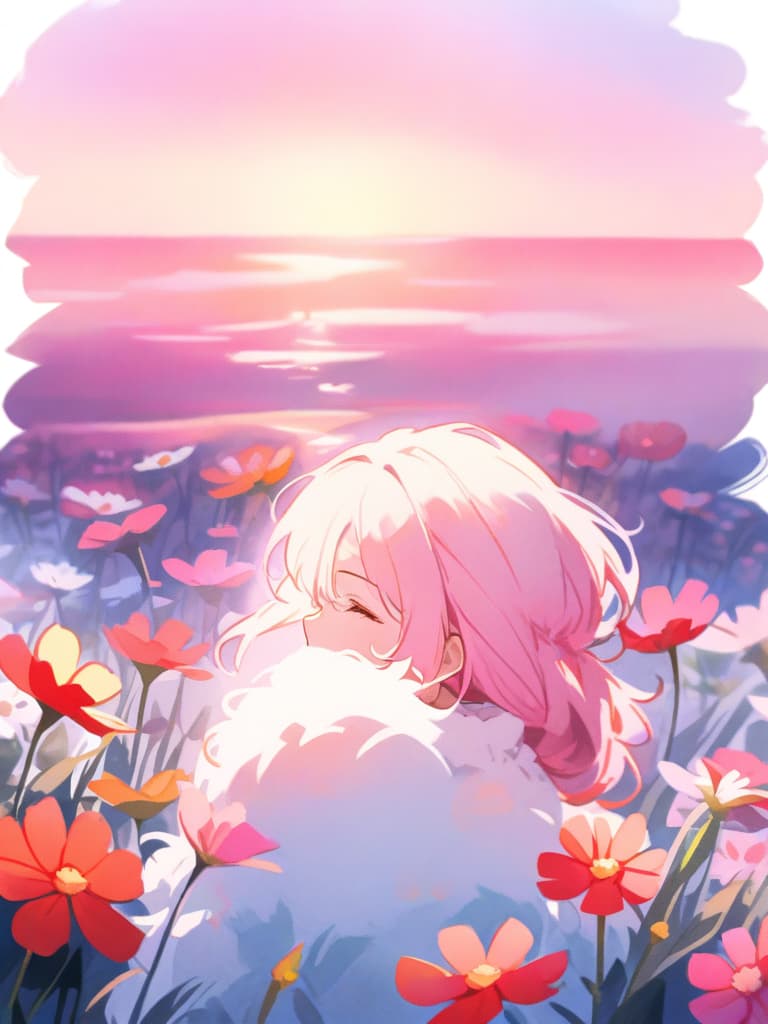  masterpiece,(pastel watercolor style with pink,light blue and white:1.5),(cosmos blooming meadow:1.5),(super beautiful girl),(long fluffy hair:1.2),,profile,sunset,high quality,8k