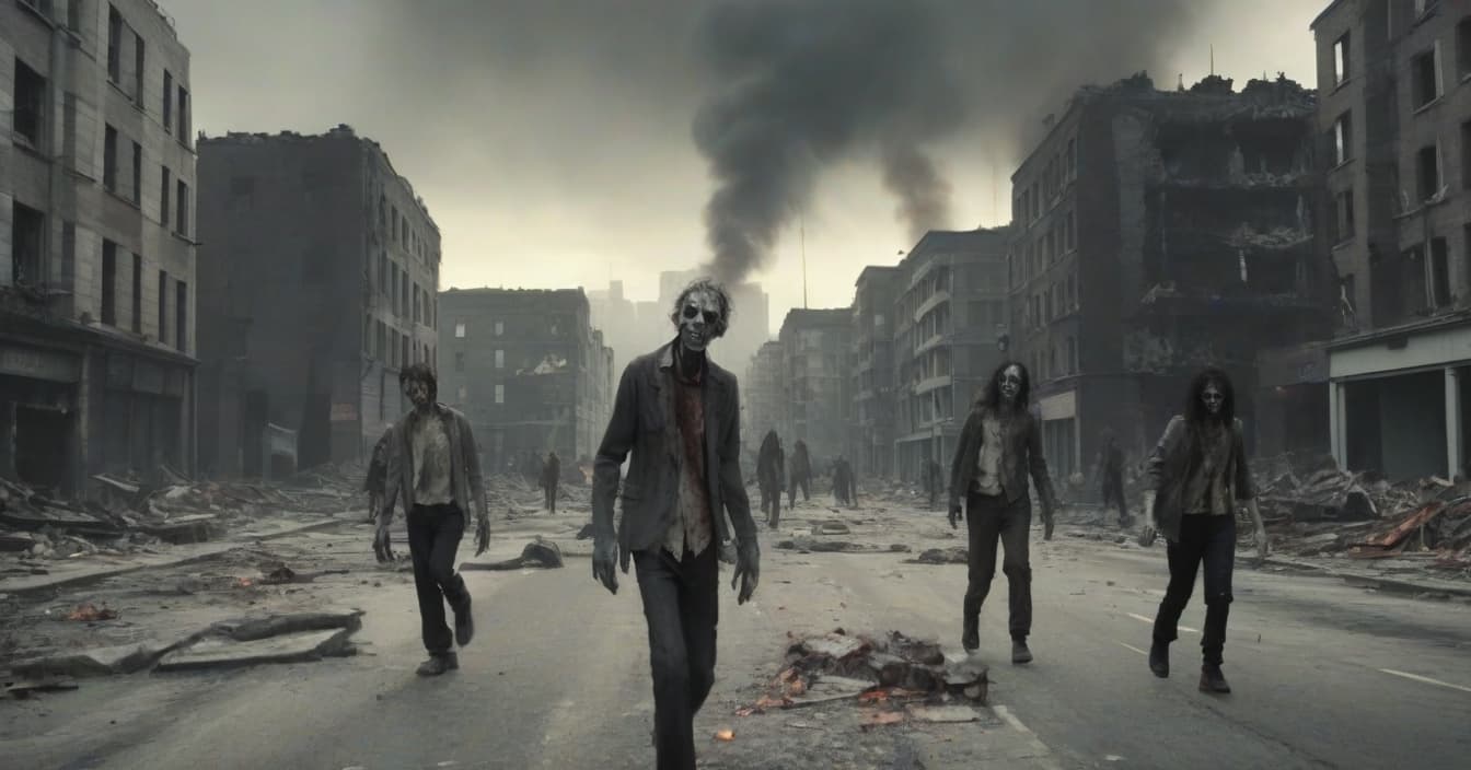  object: a group of zombies wandering down the street, with city ruins in the background. zombies should look threatening and frightened, with clear signs of decomposition and blood on their faces and clothes. description of zombie appearance: eyes blank and white the skin is gray and rotten wounds and blood on faces and clothes shaggy hair and torn clothes additional elements: destroyed cars and furniture on the street empty buildings and destroyed windows in the background small flames or smoke in the distance to add feelings of chaos and destruction location: a street in the city is probably in the center or in a residential area. the background should show destroyed buildings and rubble to highlight the destruction and chaos. effect: