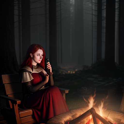  the middle ages. night is the forest on the hill. a brunette girl with black eyes and a red haired guy sit by the fire and talk., shot 35 mm, realism, octane render, 8k, trending on artstation, 35 mm camera, unreal engine, hyper detailed, photo realistic maximum detail, volumetric light, realistic matte painting, hyper photorealistic, trending on artstation, ultra detailed, realistic