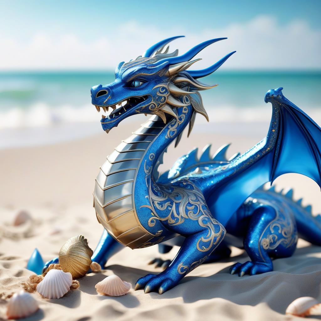  3d visualization of the realistic texture of the sculpture (dragon), made of shiny azure material and decorated with intricate patterns, including (stars) and cutouts, giving it the appearance of lace. located on (beach), (shells) around, bokeh