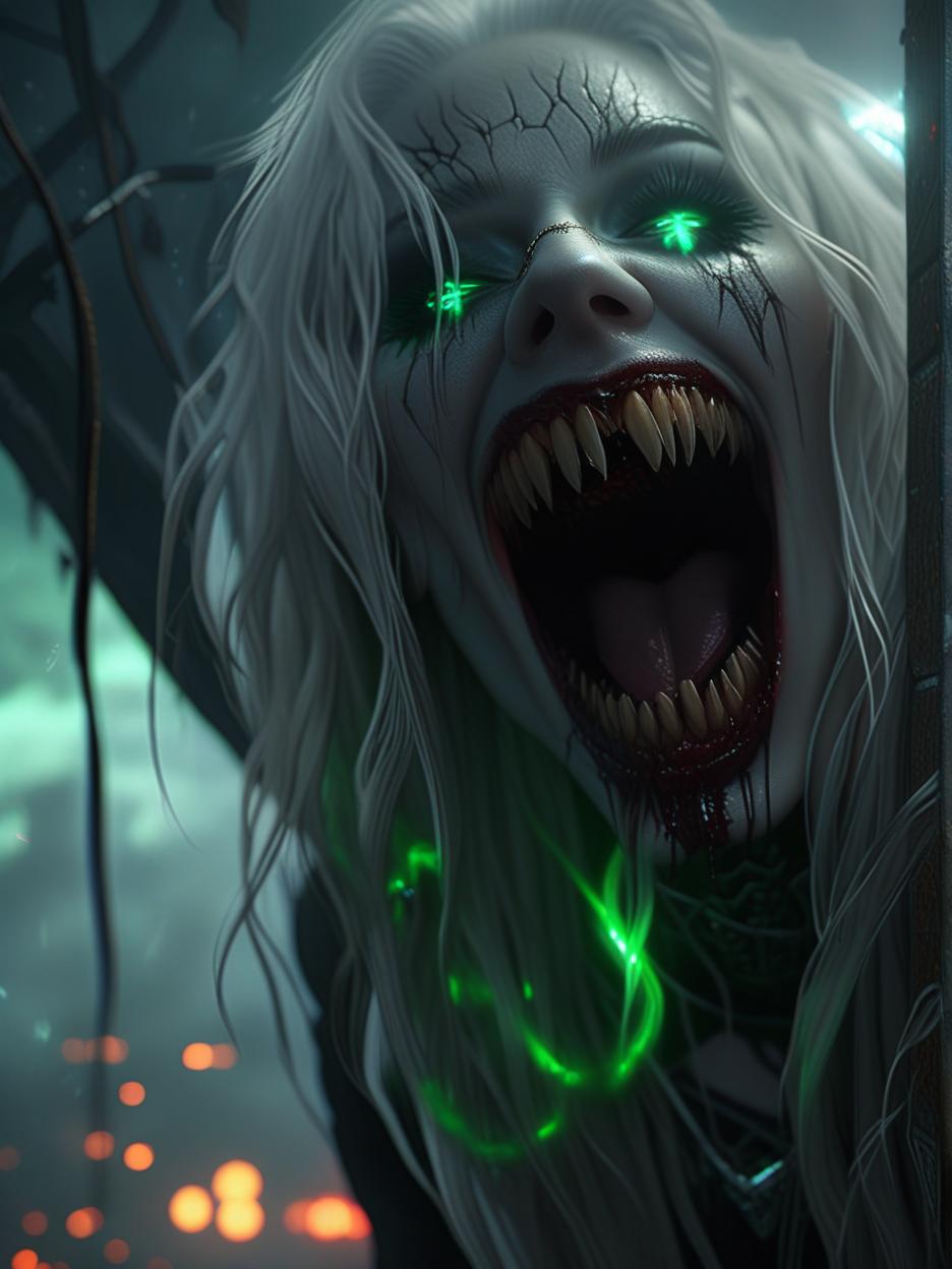  best quality, hd, hauntingly beautiful yet extremely terrifying female cosmic horror entity with glowing green eyes, pale white skin, long white hair, and an extremely wide evil smile with the skin of her cheeks horizontally ripped from the corner of the lip up the cheek and torn with very long fanged teeth with a cosmic background hyperrealistic, full body, detailed clothing, highly detailed, cinematic lighting, stunningly beautiful, intricate, sharp focus, f/1. 8, 85mm, (centered image composition), (professionally color graded), ((bright soft diffused light)), volumetric fog, trending on instagram, trending on tumblr, HDR 4K, 8K