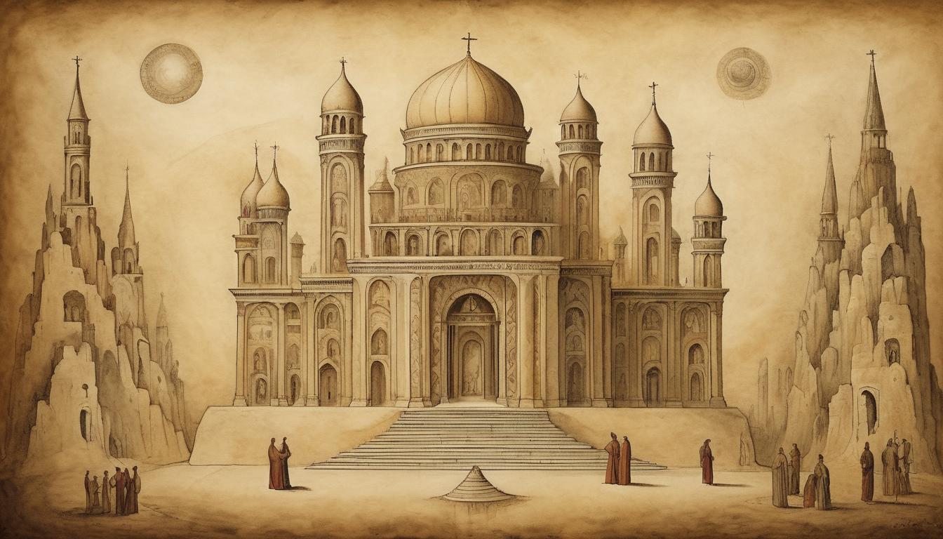  on parchment, surrealism++, a grand temple with glowing pillars, people of various ages and cultures looking upward in reverence, spiritual influence, guiding light(mysterious, provocative, symbolic)++