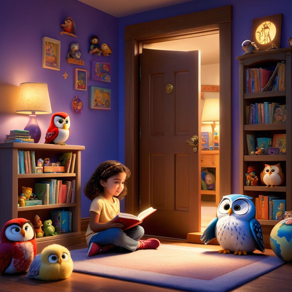  in 3d animated movie style. disney pixar style. lila, 5, surrounded by toys, reads a bedtime story to them, meeting ollie, a talking owl, looking for his lost moonbeam. cozy bedroom, bookshelf with magical glowing door to starry world. high res pixar 3d style, detailed rendering, soft glowing lights, warm atmosphere, night sky visible through the door. bird's eye view of lila reading to toys, focusing on the magical door and ollie's arrival.