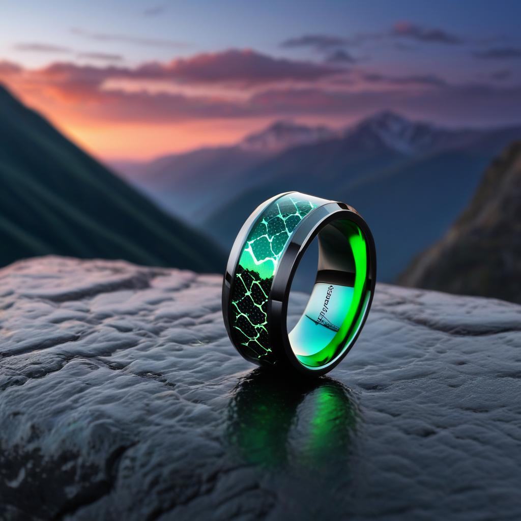  carbon fiber green glow ring with mountains in the background and forced imagery on the ring, award winning, professional, highly detailed, masterpiece