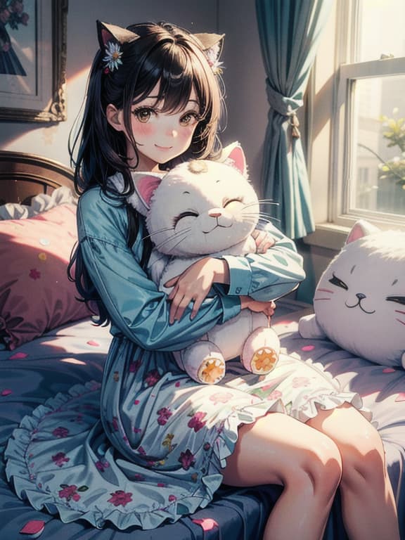  master piece, best quality, ultra detailed, highres, 4k.8k, girl, hugging a cat stuffed animal, sleepy, with a smile on her face, break dreamy cute, bedroom, balloons, pop floral patterned carpet, break fancy, kawaii, blurry background, dappled sunlight, lens flare, sparkle, powder lights, petals,