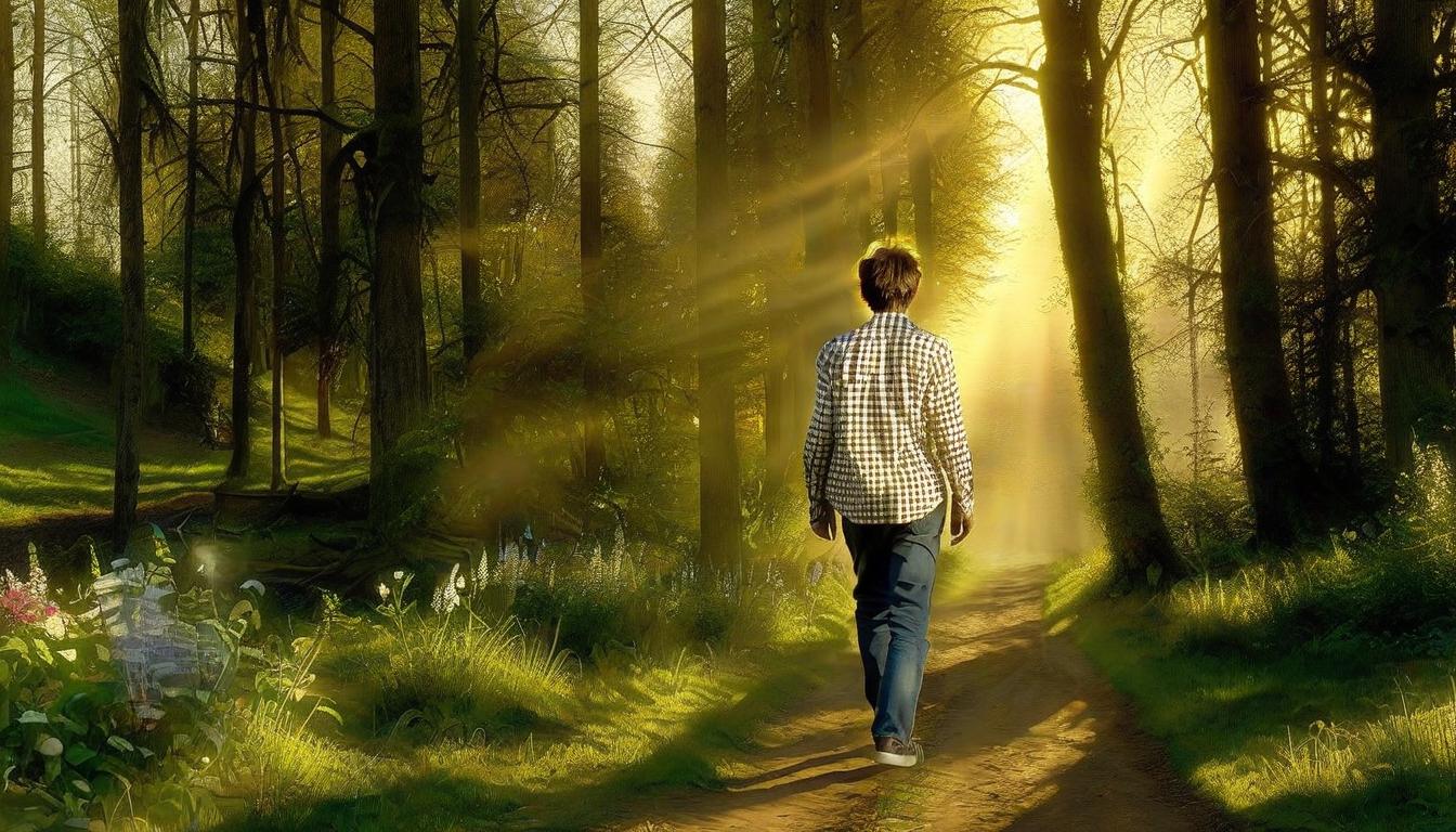  hyperrealistic art a man in a checkered shirt walks along a path towards the forest, with low and very lush trees, the golden hour, the rays of the sun through the trees, the hands of a man are spread out to the sides, a low tree, a flower meadow . extremely high resolution details, photographic, realism pushed to extreme, fine texture, incredibly lifelike