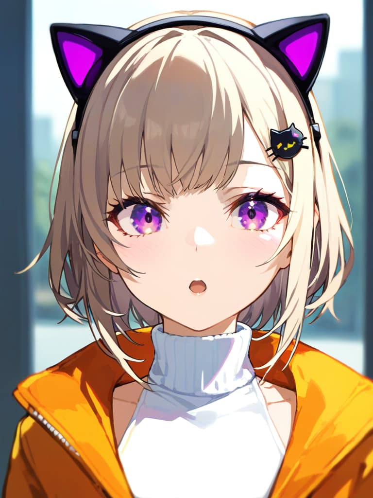  (black cat ear headphones: 1.2), masterpiece, open mouth, best quality, (purple eyes: 1.3), (close up: 1.2), from front, medium hair, beige hair: 1.4) , (orange overside jacket), shoulder gap, (white turtleneck: 1.1), (hair pin: 1.3)