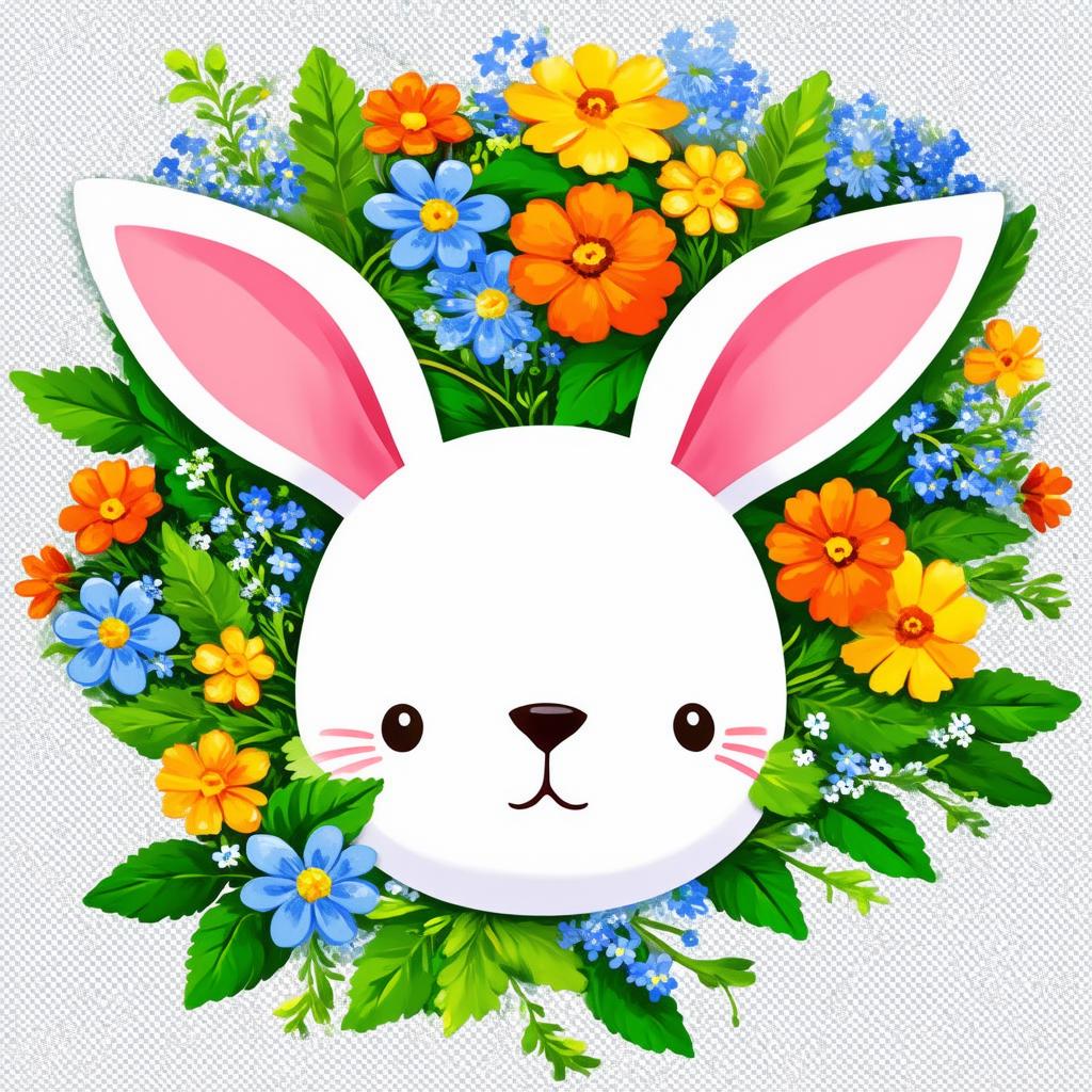  flat illustration, flaticon, (illustration:1.15), draw a bunny face with flowers on a transparent background, [cory loftis, strobist, pascal campion :: 0.2]