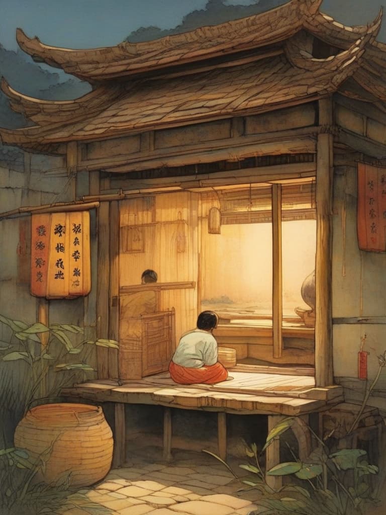  an ancient chinese moth house, before dawn, had a wooden mat and a small window into a little light. the people on the mat are still asleep with a relaxed look on their faces. the sky outside the window is bright and the night is fading, but the world is still in a state of discomfort and the sun is not yet fully rising。