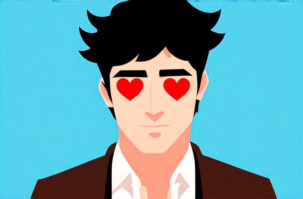  flat illustration, flaticon, (illustration:1.15), close up portrait of a guy, dark hair, hearts in his eyes ar 3:2, [cory loftis, strobist, pascal campion :: 0.2]