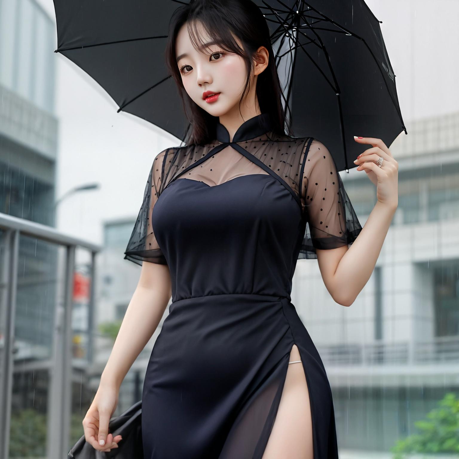  masterpiece, best quality, Korean woman in her 20s, mesh dress, heavy rain,