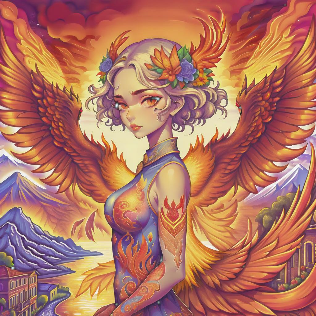  line art drawing (digital image, double exposure, masterpiece:1.3). (a beautiful girl in the image of a phoenix in vintage clothes, magnificent wings behind her back, expressive beautiful eyes, a look at the viewer:1.6). red ((fiery rivers of lava)), small rounded houses with pointed roofs. (background: eruption of vesuvius:1.4). a fascinating sight, (flowers from the flames:1.4), bright accents. revival. (in the style of josephine wall:1.5). high detail, realistic fantasy, 1024k resolution, hdr. same nightmare. anime style . professional, sleek, modern, minimalist, graphic, line art, vector graphics