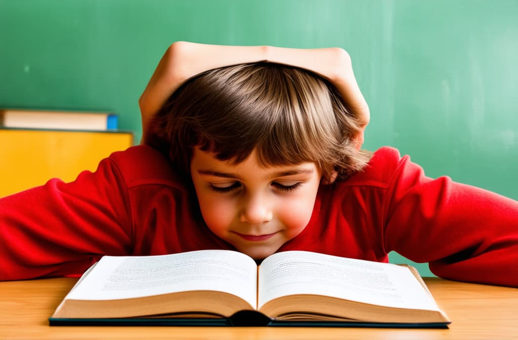  a primary school child is sitting at a table, an open book is upside down on the child's head, tired of studying ar 3:2 {prompt}, maximum details