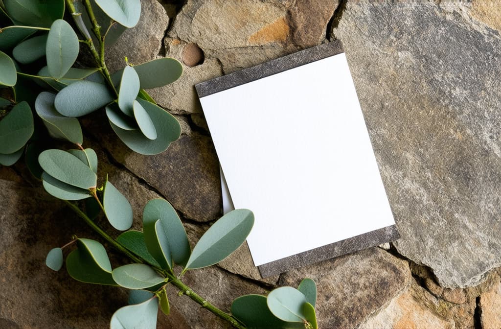  eucalyptus branches on a rough stone surface top view. wediing invitation card mockup. ar 3:2 {prompt}, maximum details