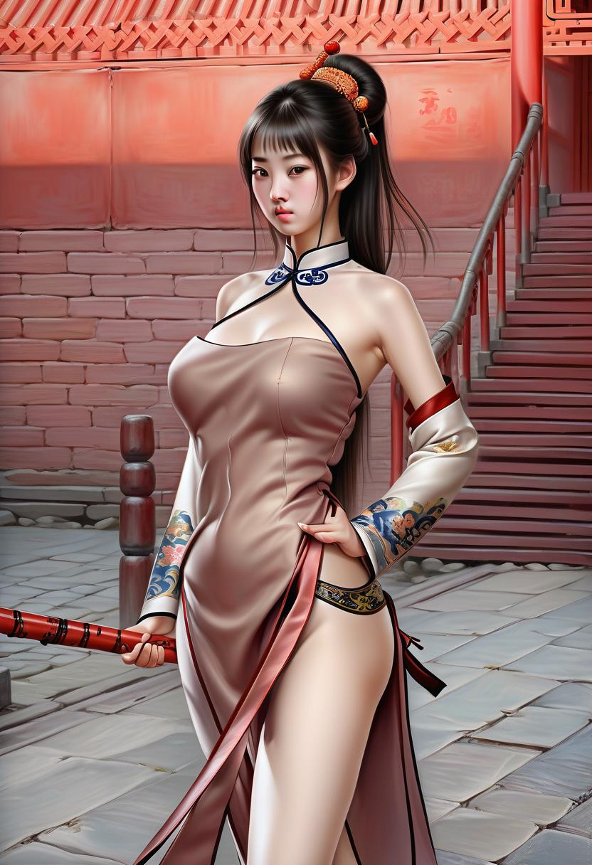  hyperrealistic art a girl in a chinese outfit, a stick in her hand. . extremely high resolution details, photographic, realism pushed to extreme, fine texture, incredibly lifelike, perfecteyes, civitai