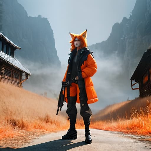  A Human wear orange and messy hair with a orange fox ears hyperrealistic, full body, detailed clothing, highly detailed, cinematic lighting, stunningly beautiful, intricate, sharp focus, f/1. 8, 85mm, (centered image composition), (professionally color graded), ((bright soft diffused light)), volumetric fog, trending on instagram, trending on tumblr, HDR 4K, 8K