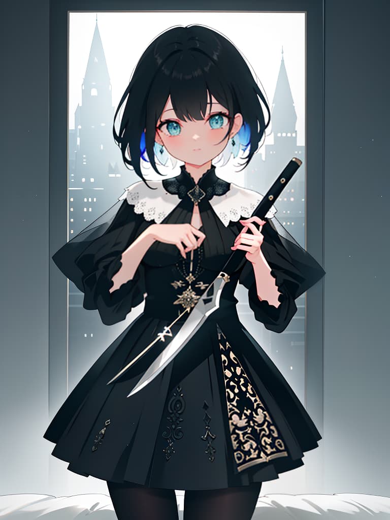  black hair girl with a knife, masterpiece, best quality,8k,ultra detailed,high resolution,an extremely delicate and beautiful,hyper detail hyperrealistic, full body, detailed clothing, highly detailed, cinematic lighting, stunningly beautiful, intricate, sharp focus, f/1. 8, 85mm, (centered image composition), (professionally color graded), ((bright soft diffused light)), volumetric fog, trending on instagram, trending on tumblr, HDR 4K, 8K