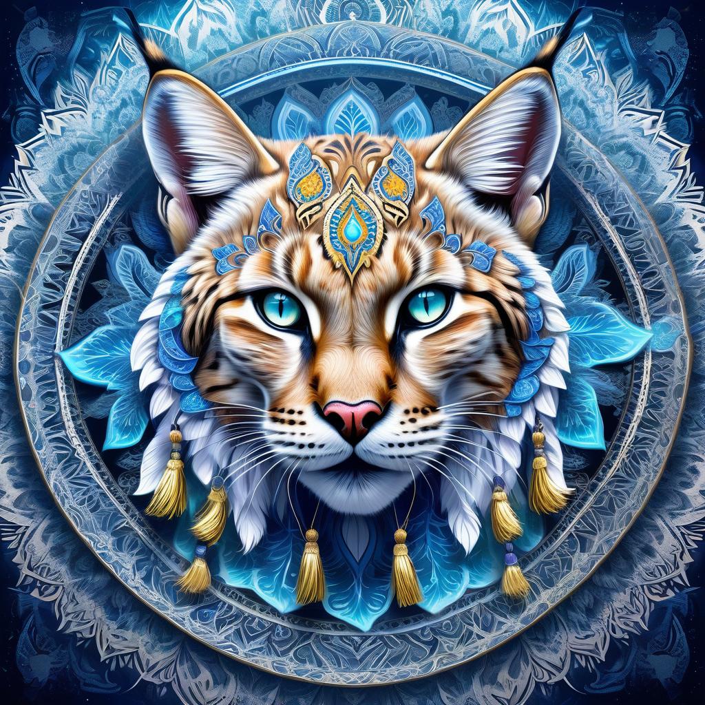  expressionist masterpiece, hdr 8k, digital image. conceptual art. (siberian lynx, majestic wildcat, powerful paws, flexible strong body, piercing feline eyes, sharp fangs, (tassels on ears:1.2), (hunted down prey, preparing to attack:1.2), appearing in ancient russian ethnic ornaments that make up a symmetrical mandala consisting of an endless forest, a wide flowing river and majestic mountains, the mandala is decorated with a fantastic ice pattern). abstract elements: stones, tree leaves, flowers. the effect of dissolving the natural shades of fur in sky waves. filigree finishes, mysterious neon glowing accents, intricate. stylization. neo rococo style. stylish, dynamic, atmospheric. background dissolving abstract patterns in the space::