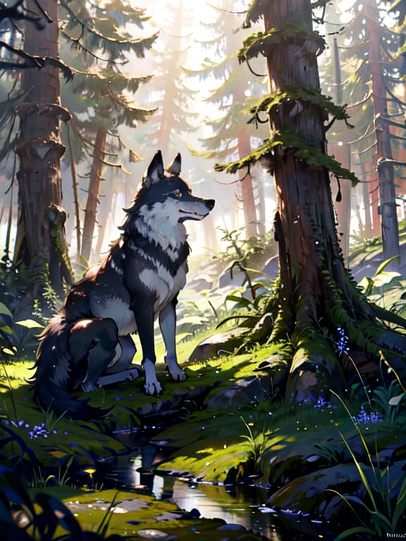  master piece, best quality, ultra detailed, highres, 4k.8k, majestic wolf, staring with curiosity, mysterious and captivating, break mystical encounter with a wolf at the edge of the forest., edge of a moss covered forest, ancient ruins, scattered wildflowers, break enchanting and serene, soft sunlight filtering through the leaves, creating a warm glow,