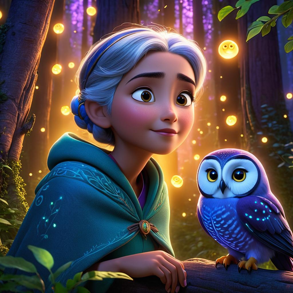  in 3d animated movie style. disney pixar style. masooma, a old with short gray hair, meets gitra, an ancient owl, guardian of programming knowledge. they are in the enchanted forest filled with mystical trees and glowing fireflies. high resolution pixar 3d animation with warm, soft lighting, vint green, blue, and purple colors. camera angled low to showcase masooma looking up at gitra in awe. high quality 16:9 image, vivid pixar style ilration.