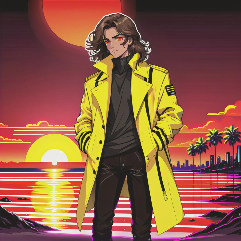  retro cyberpunk a young man stands on the beach. he has long dark brown hair that gently falls on his shoulders, and his face, with jewish and slavic features, exudes calmness with brown eyes. he is dressed in a bright yellow coat that immediately attracts attention and contrasts with the surrounding landscape. under the coat is a black shirt, and black pants are additionally decorated with yellow elements, creating a harmonious and stylish image. the sun sets over the horizon, shrouding everything around in red shades, and bright red stripes lie on the surroundings contrasting with the darkness and creating a magical atmosphere. . 80's inspired, synthwave, neon, vibrant, detailed, retro futurism