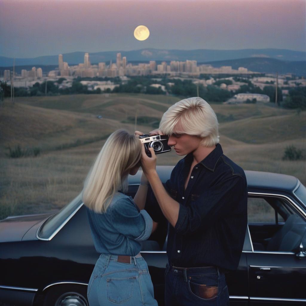  analog film photo a platinum blonde girl takes pictures on a polaroid in a black shirt, next to a guy there is a blonde in a denim shirt, a black car, a view from the hill, in the background the city, the time of dusk, a full light moon, the style of the 80 90s. . faded film, desaturated, 35mm photo, grainy, vignette, vintage, kodachrome, lomography, stained, highly detailed, found footage