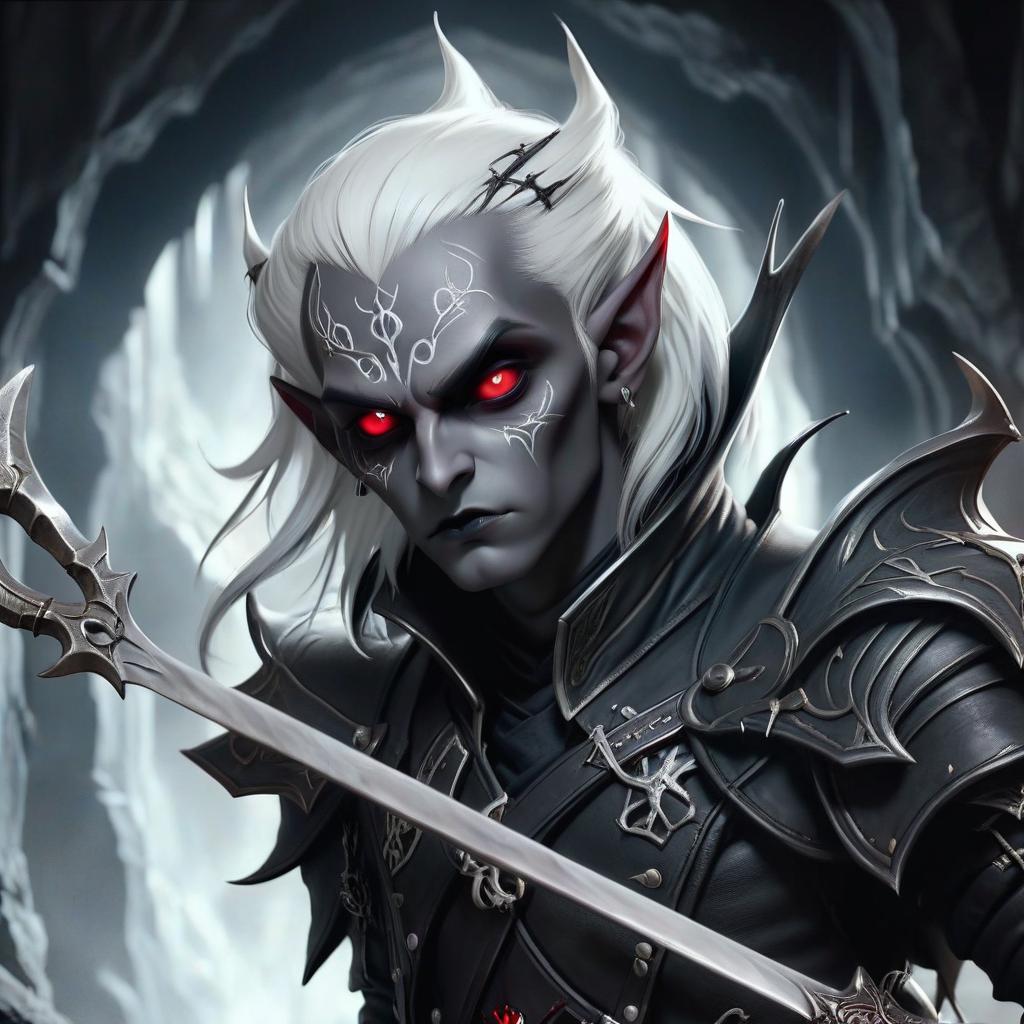  macabre style drow male elf cleric, graphite color skin, red eyes, silver medium haircut, white eyelashes, white brows, black leather jacket, dark cave temple . dark, gothic, grim, haunting, highly detailed