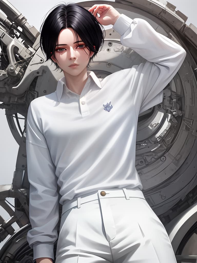  leviackerman, white polo shirt, white pants, wire black hair short, crisp eyes, masterpiece, best quality,8k,ultra detailed,high resolution,an extremely delicate and beautiful,hyper detail