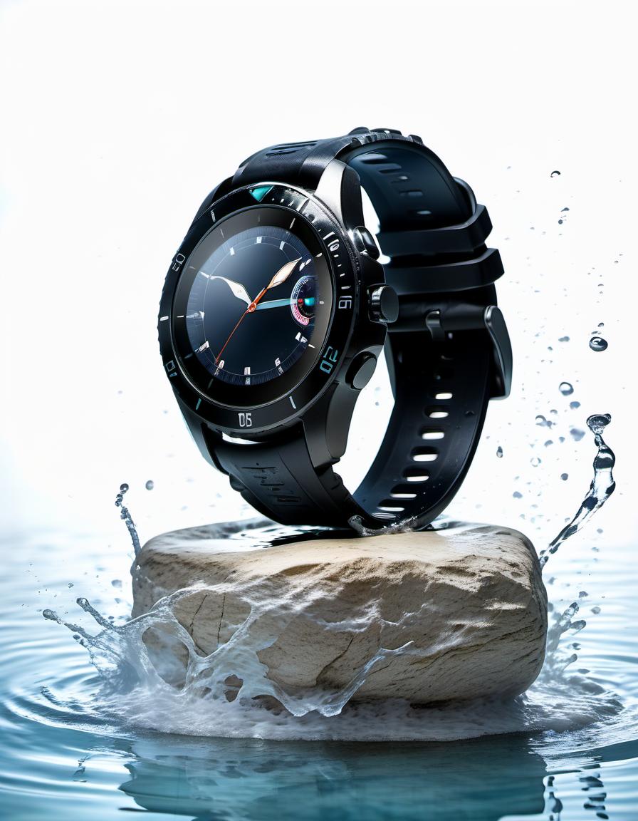  smart watch on stone, around water splash, light background, film photography style