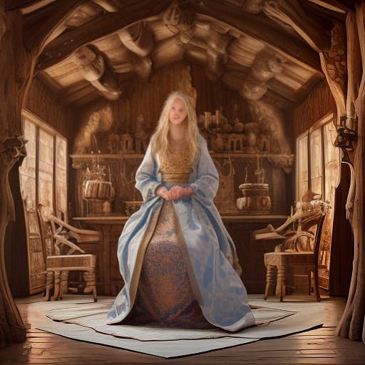  masterpiece, the best quality, a russian woman in traditional clothes prepares cakes in a stone oven, (fast and dexterous movements: 1.2), a very light smile, tense, piercing eyes, blue eyes, (decisive expression: 0.9), flowing blond hair, brown eyes, dressed in traditional russian dress, cooks in the open air, inside a wooden castle, against the background of an ancient russian throne room in a wooden castle, cartoon style, cute, modernism,