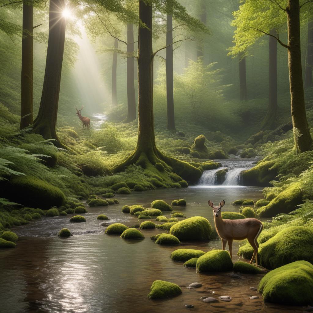  A serene forest landscape with animals. Tall, dense trees with varied shades of green. Sunlight streaming through the canopy, casting dappled light on the forest floor. A small stream winding through the scene, with rocks and moss along its edges. Soft, diffused light giving the scene an ethereal quality. Forest undergrowth like ferns, small shrubs, and fallen leaves visible. A deer drinking from the stream, a squirrel on a tree branch, and birds flying in the distance. Peaceful, natural forest setting with wildlife. hyperrealistic, full body, detailed clothing, highly detailed, cinematic lighting, stunningly beautiful, intricate, sharp focus, f/1. 8, 85mm, (centered image composition), (professionally color graded), ((bright soft diffused light)), volumetric fog, trending on instagram, trending on tumblr, HDR 4K, 8K