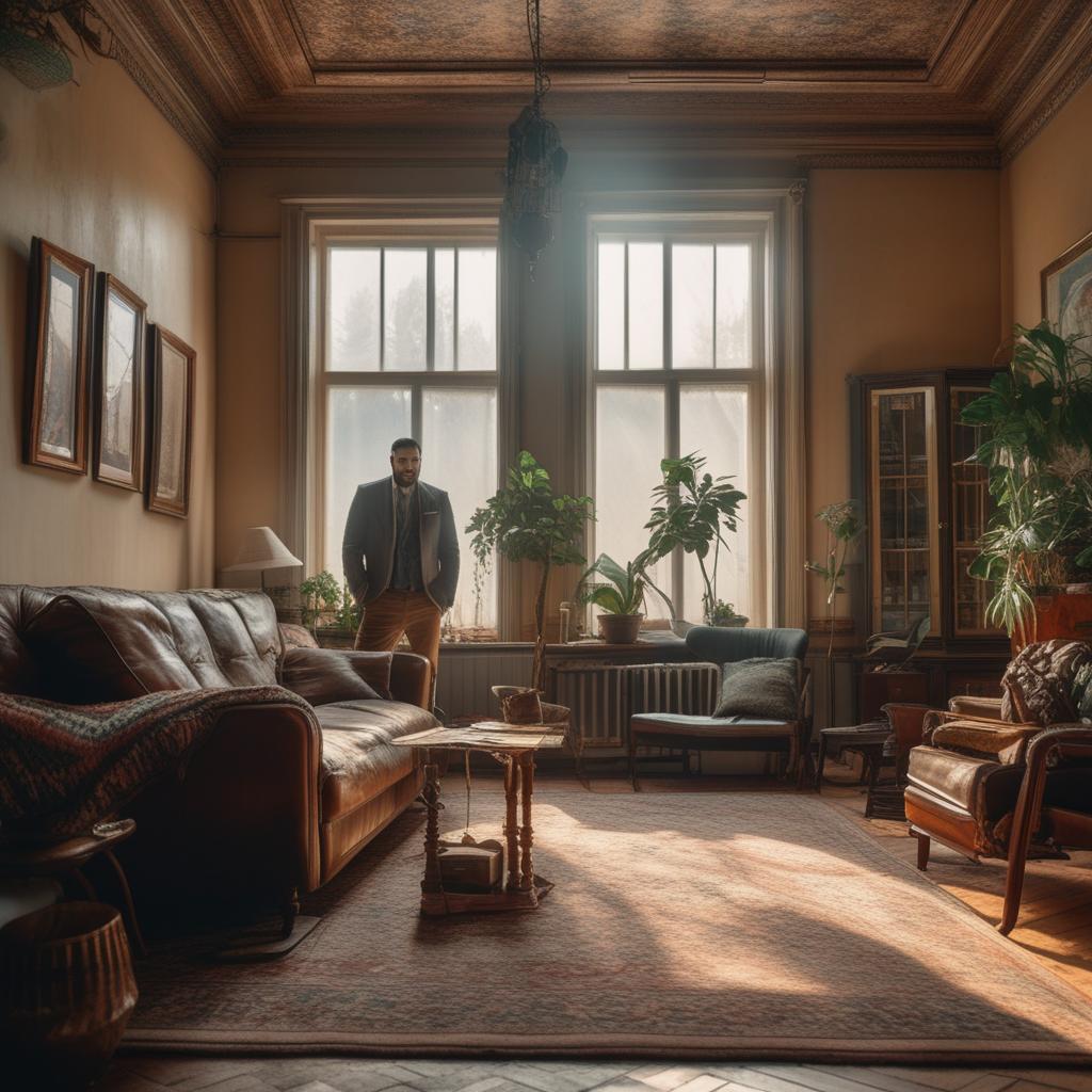  a dirty living room in disorder. house owner in the middle of the room looking stressed. hyperrealistic, full body, detailed clothing, highly detailed, cinematic lighting, stunningly beautiful, intricate, sharp focus, f/1. 8, 85mm, (centered image composition), (professionally color graded), ((bright soft diffused light)), volumetric fog, trending on instagram, trending on tumblr, HDR 4K, 8K