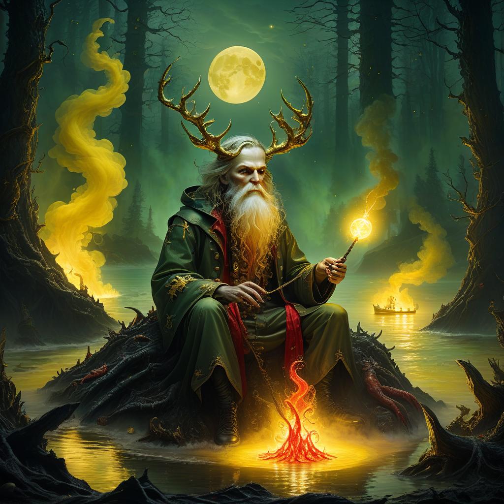  nautical themed in a gloomy forest, a greasy toothed sorcerer sits and looks at the fiery creatures shrouded in yellow smoke with red threads green sparks moon stars rays of white light . sea, ocean, ships, maritime, beach, marine life, highly detailed