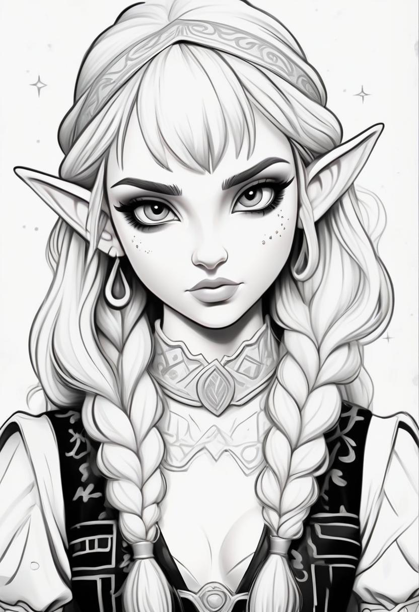  create a black and white coloring book in a painted style without pouring girls elves to the waist without a background